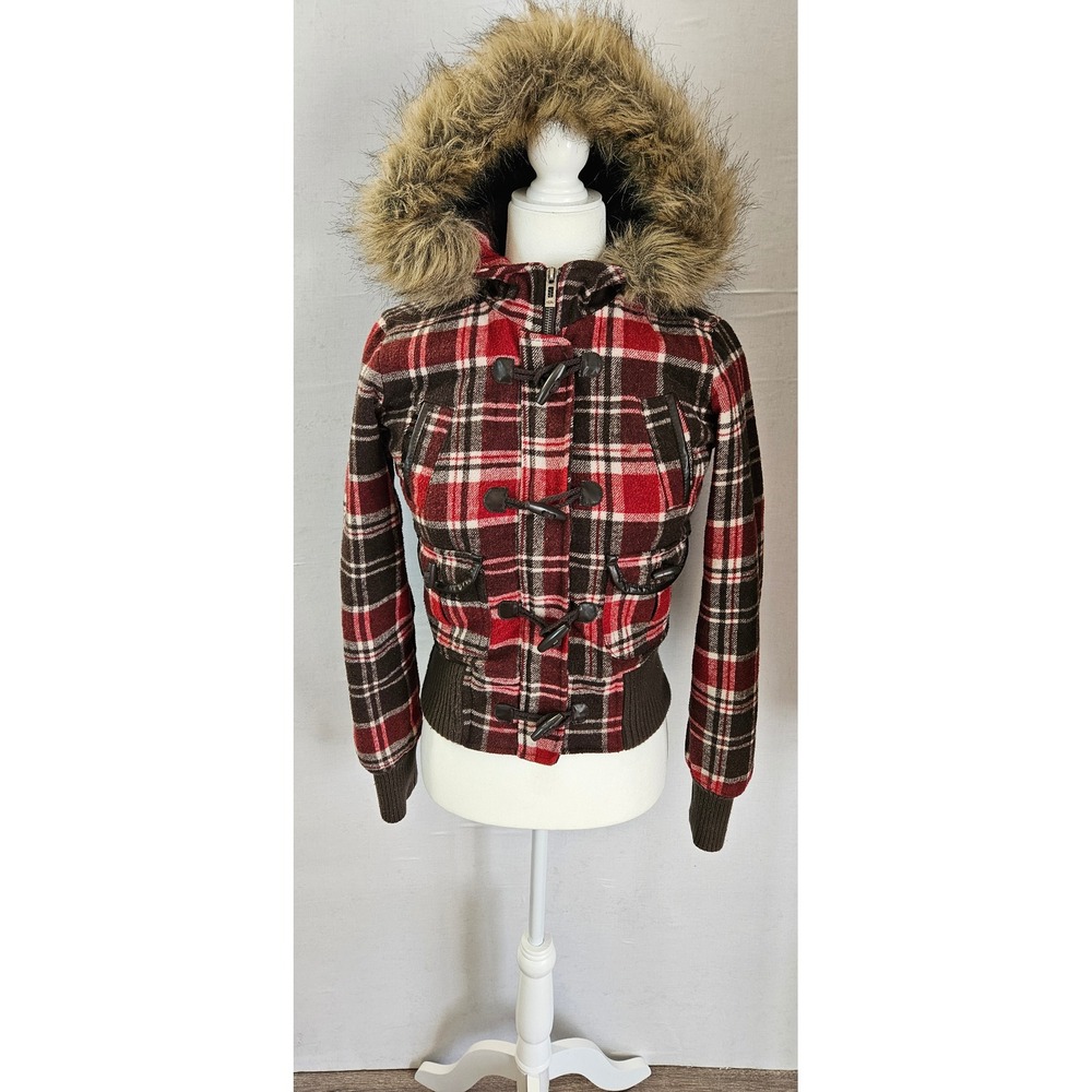 Aeropostale Womens Wool Blend Plaid Toggle Coat Faux Fur Hood Red Brown XS